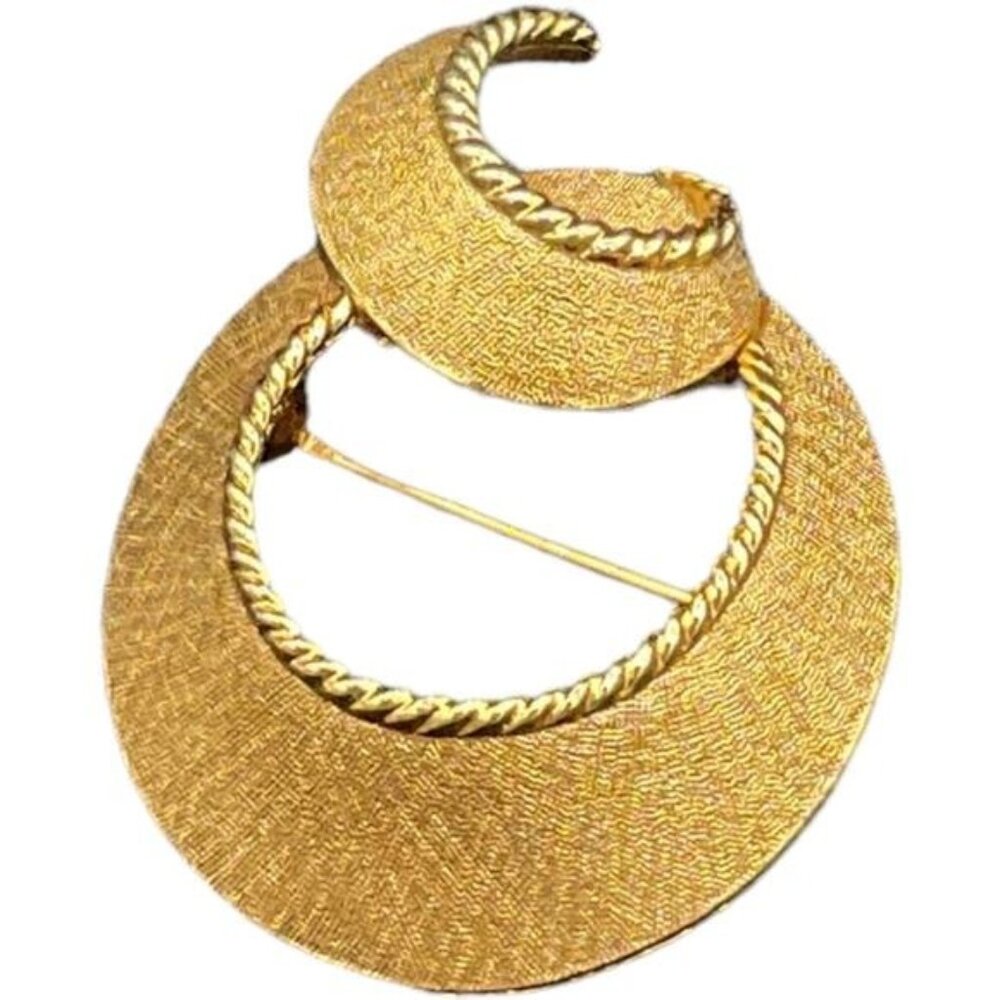 Monet Vintage Gold Tone Textured Crescent & Oval Brooch Pin